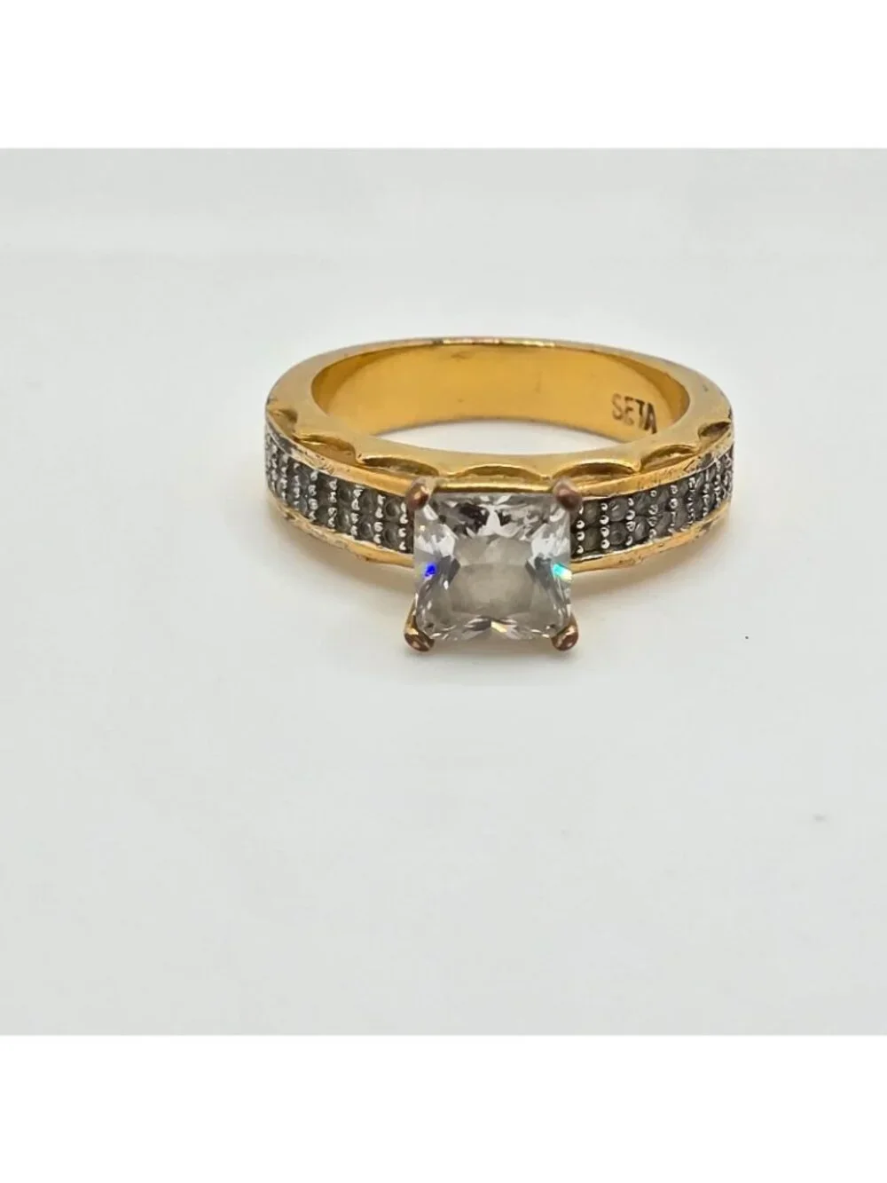 SETA Vintage Faux Engagement Ring Gold Tone Princess cut Rhinestone Sz 8 Signed